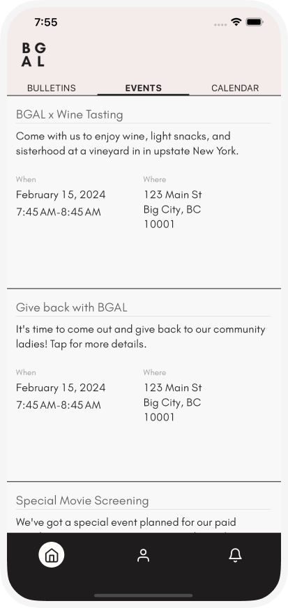 BGAL App events screen